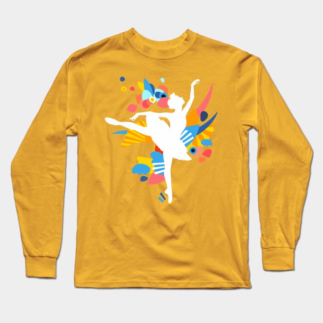 Colorful White Dancing Ballerina Silhouette Long Sleeve T-Shirt by XOOXOO